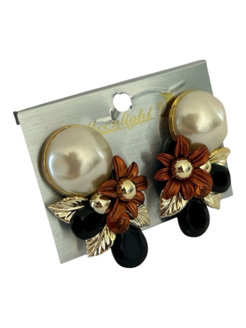 Vintage 80’s Floral Faux Pearl Drop Clip-On Earrings by Moonlight
